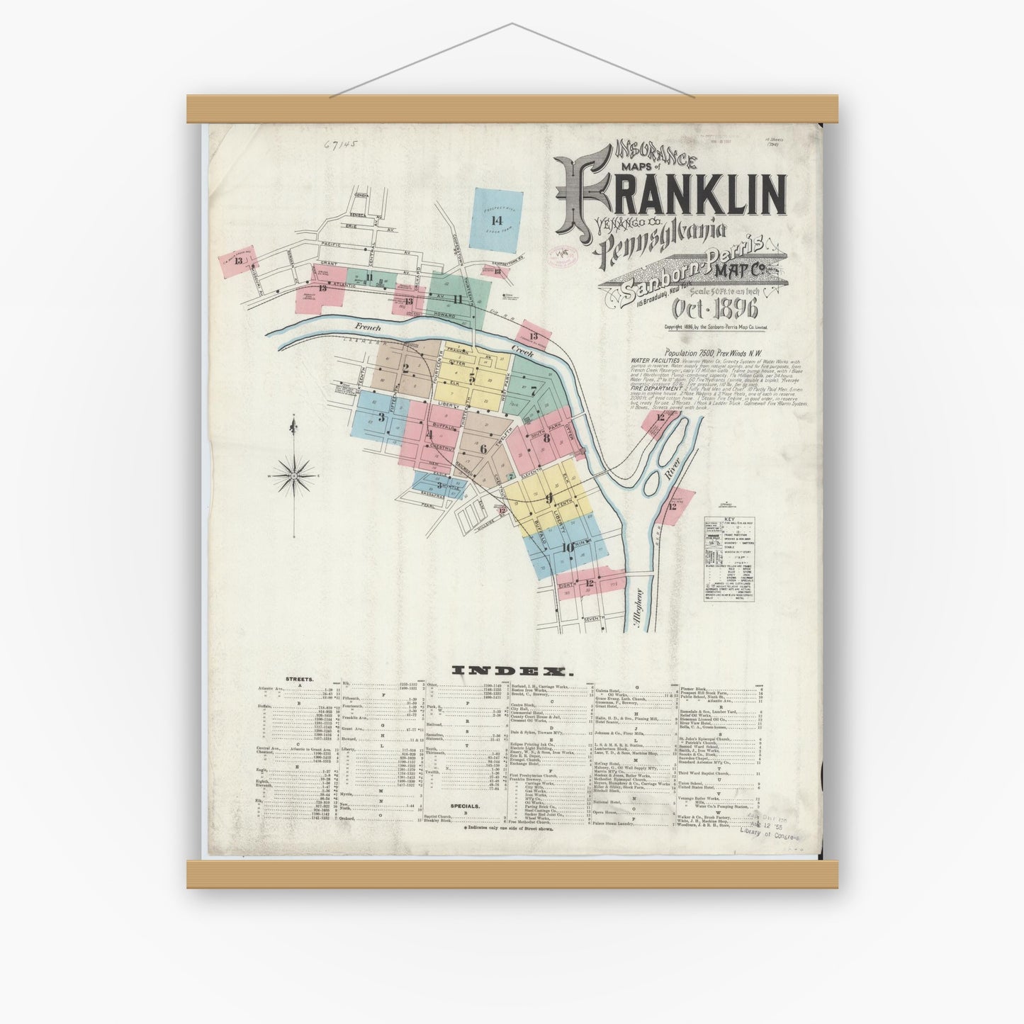 Old map wall art mockup — magnetic wood frame on white wall — Sanborn Fire Insurance Map from Franklin, Venango County, Pennsylvania (1896) - Complete Map Set