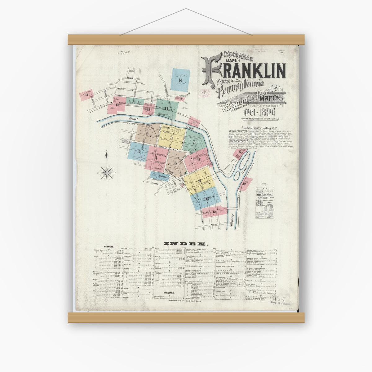 Old map wall art mockup — magnetic wood frame on white wall — Sanborn Fire Insurance Map from Franklin, Venango County, Pennsylvania (1896) - Complete Map Set