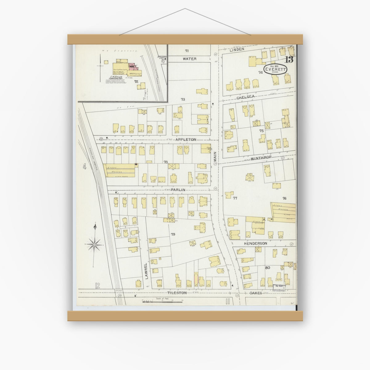 Old map wall art mockup — magnetic wood frame on white wall — Sanborn Fire Insurance Map from Everett, Middlesex County, Massachusetts (1892), Sheet #0013