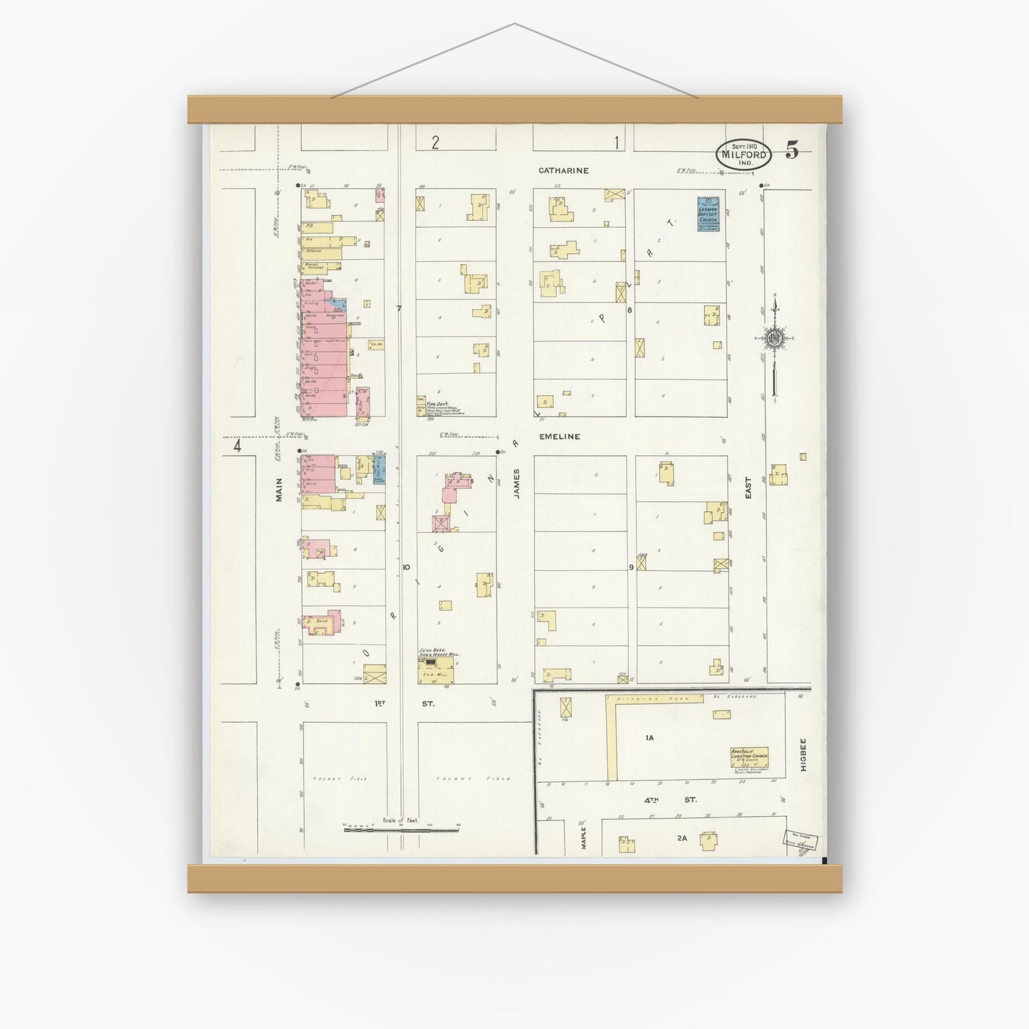 Old map wall art mockup — magnetic wood frame on white wall — Sanborn Fire Insurance Map from Milford, Kosciusko County, Indiana (1910), Sheet #0005