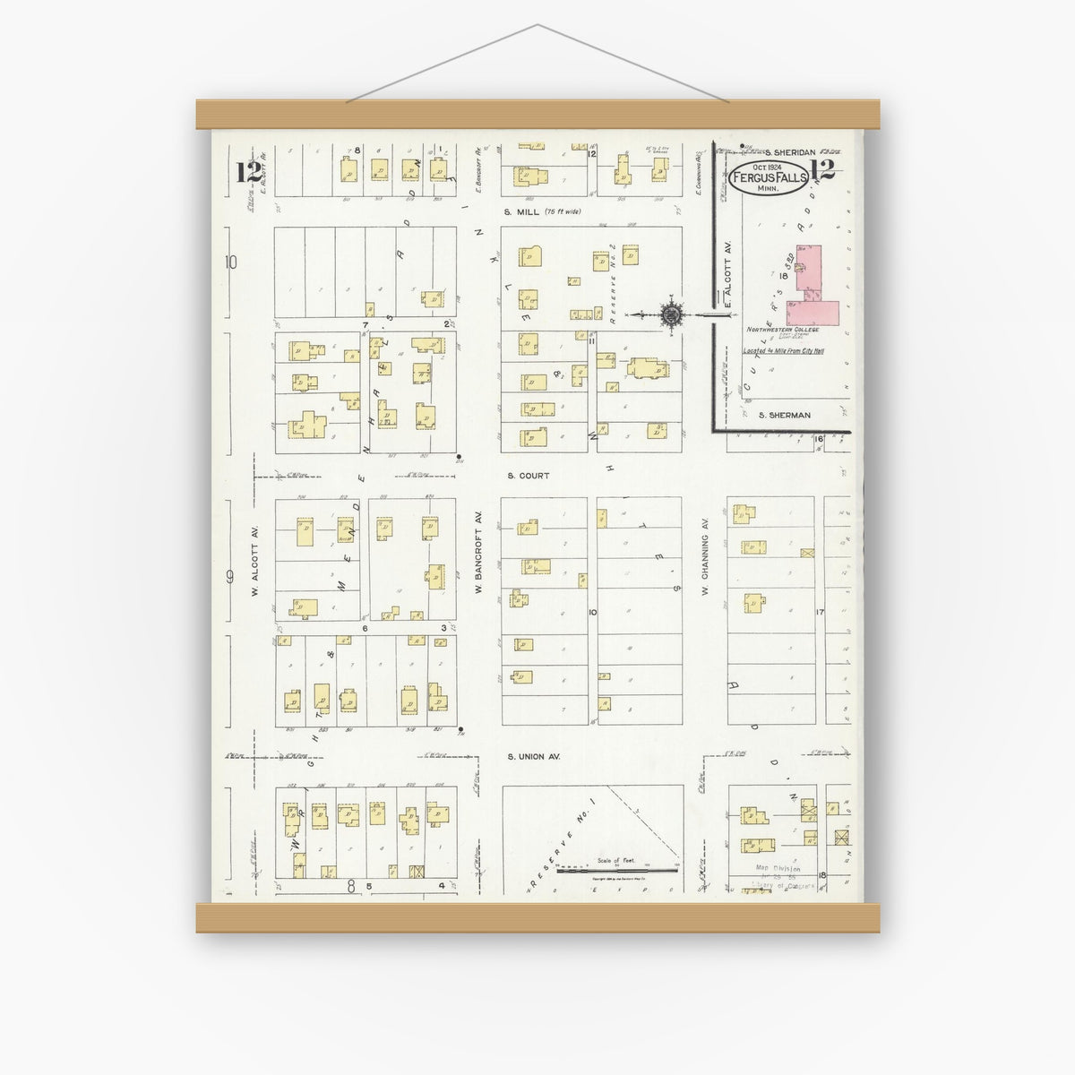 Old map wall art mockup — magnetic wood frame on white wall — Sanborn Fire Insurance Map from Fergus Falls, Otter Tail County, Minnesota (1924), Sheet #0012