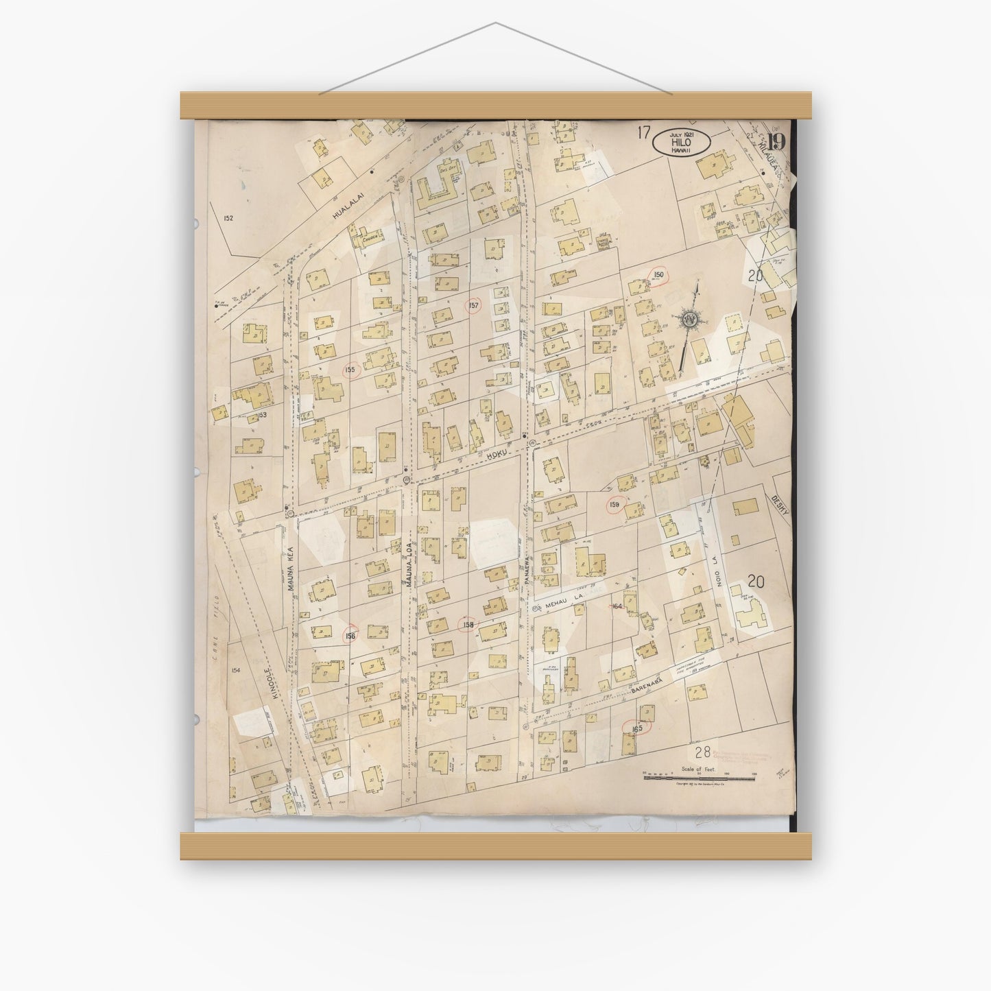 Old map wall art mockup — magnetic wood frame on white wall — Sanborn Fire Insurance Map from Hilo, Hawaii County, Hawaii (1957), Sheet #0019