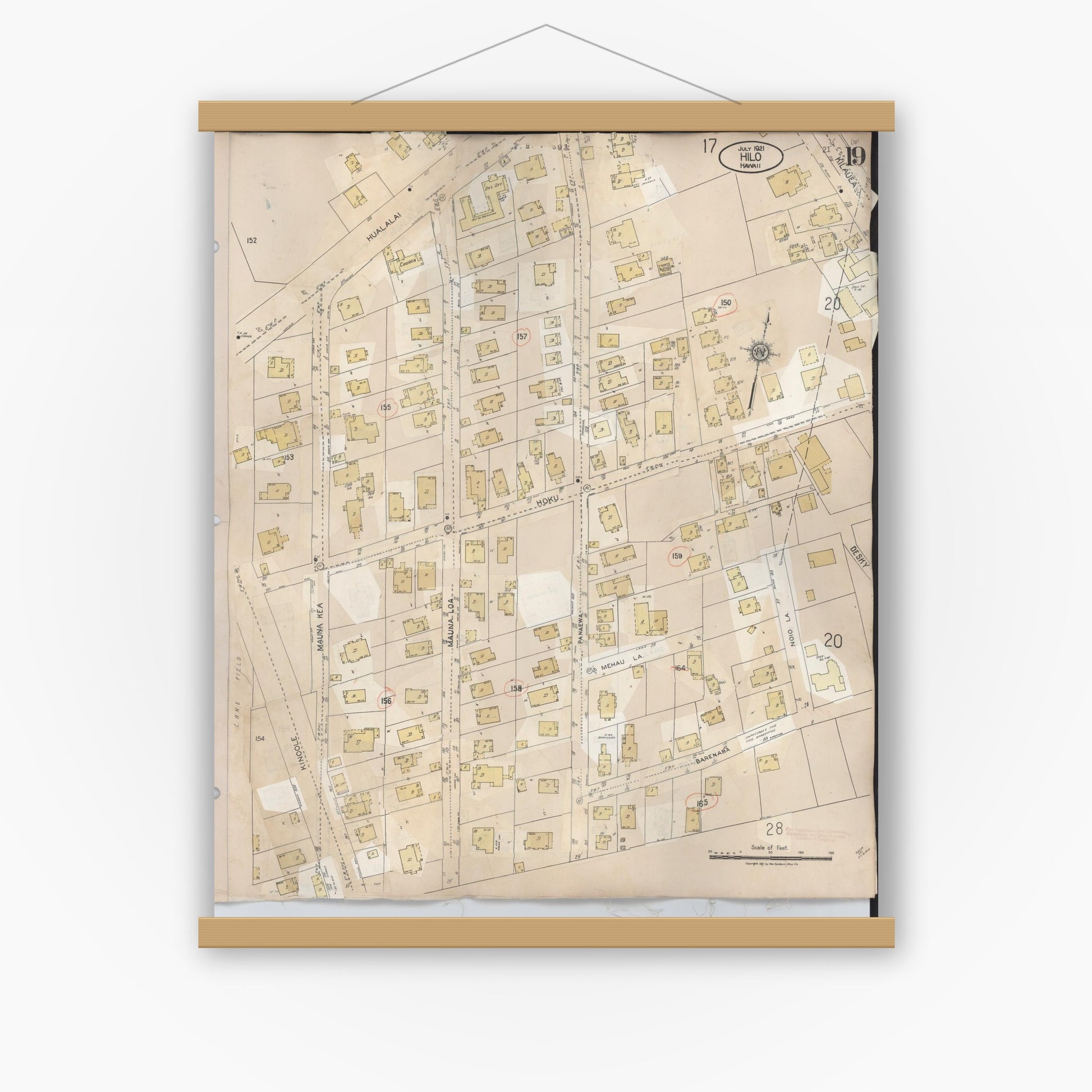 Old map wall art mockup — magnetic wood frame on white wall — Sanborn Fire Insurance Map from Hilo, Hawaii County, Hawaii (1957), Sheet #0019