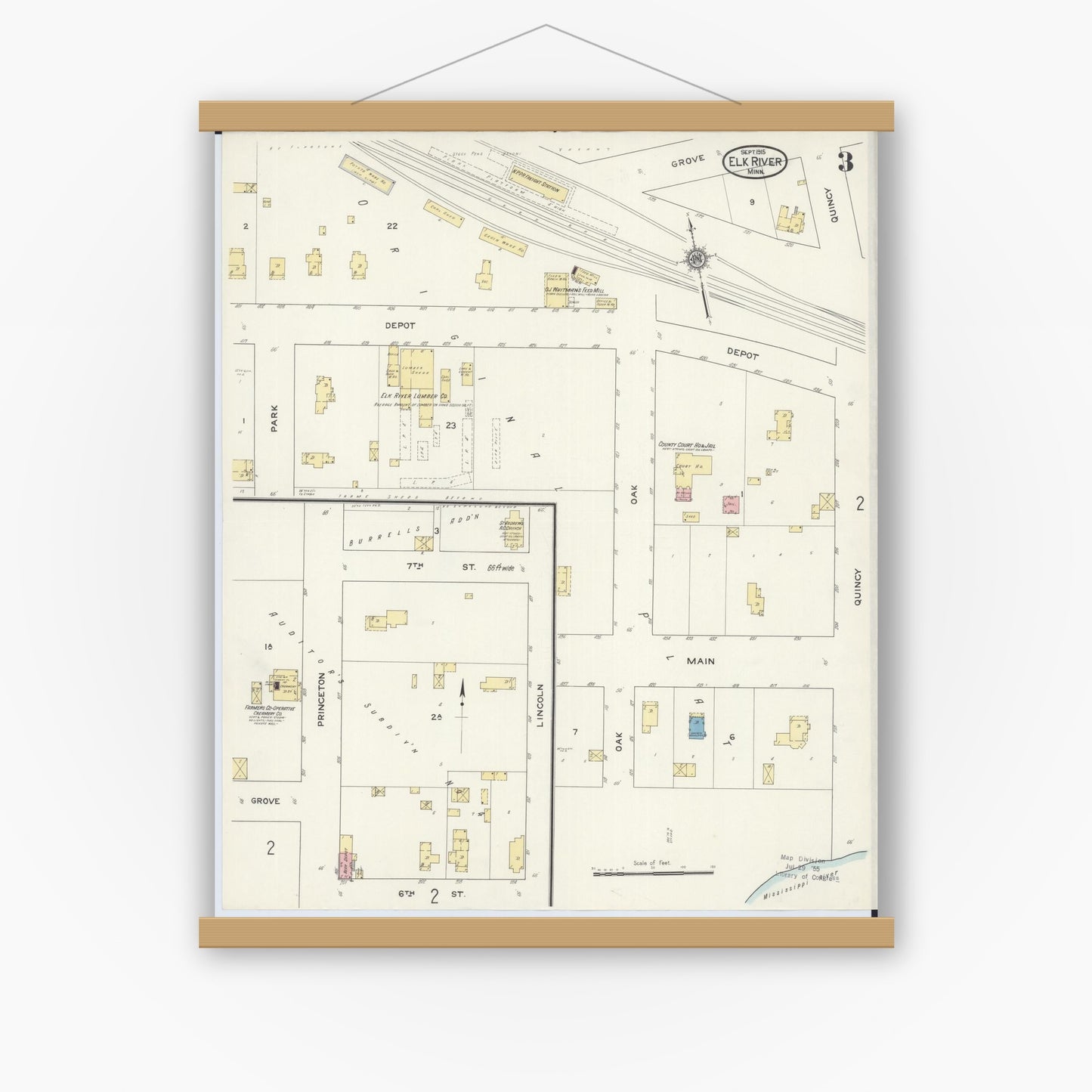 Old map wall art mockup — magnetic wood frame on white wall — Sanborn Fire Insurance Map from Elk River, Sherburne County, Minnesota (1915), Sheet #0003