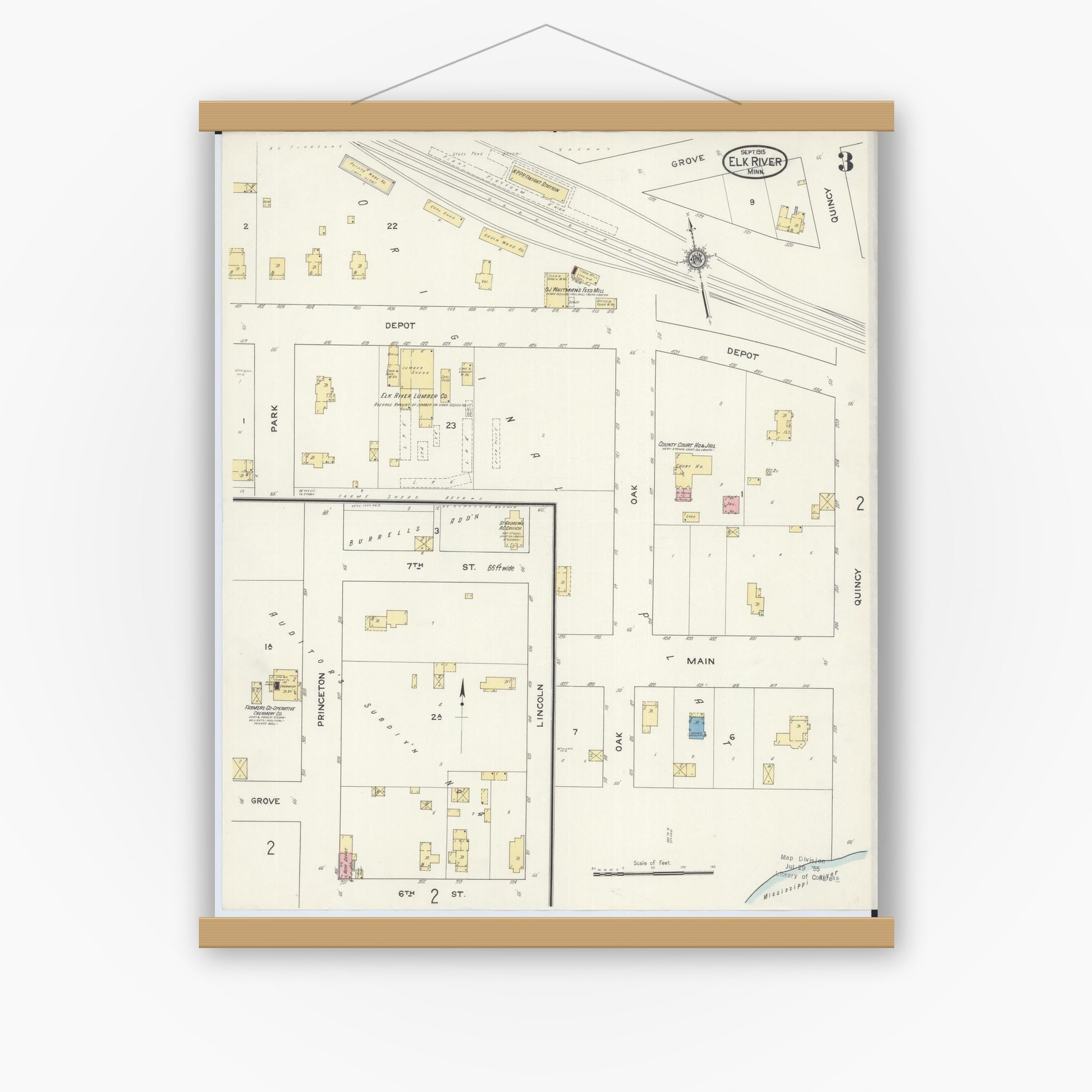 Old map wall art mockup — magnetic wood frame on white wall — Sanborn Fire Insurance Map from Elk River, Sherburne County, Minnesota (1915), Sheet #0003
