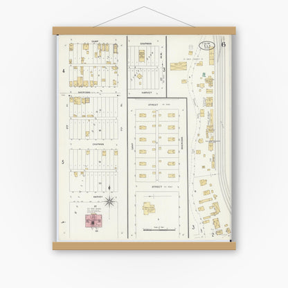 Old map wall art mockup — magnetic wood frame on white wall — Sanborn Fire Insurance Map from Ely, Saint Louis County, Minnesota (1906), Sheet #0006