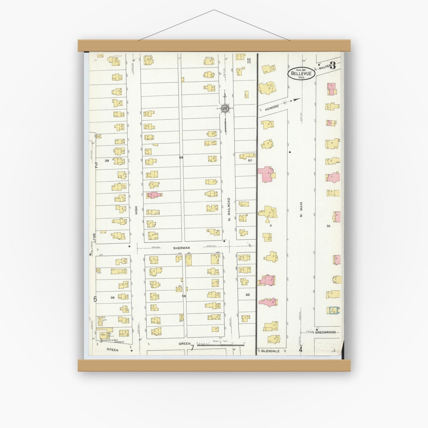 Old map wall art mockup — magnetic wood frame on white wall — Sanborn Fire Insurance Map from Bellevue, Huron And Sandusky County, Ohio (1911), Sheet #0003