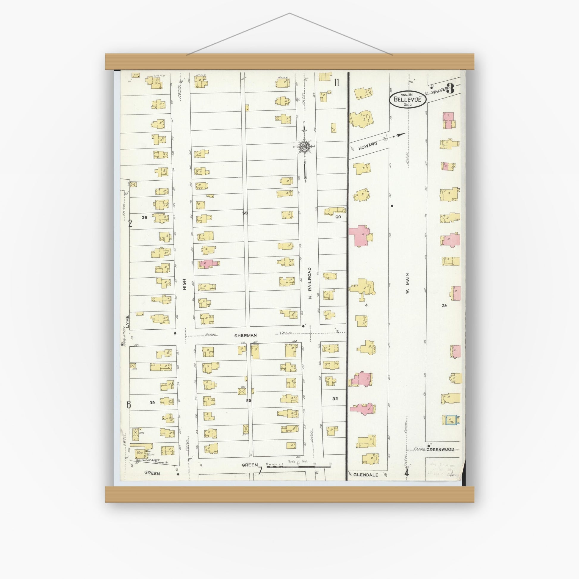 Old map wall art mockup — magnetic wood frame on white wall — Sanborn Fire Insurance Map from Bellevue, Huron And Sandusky County, Ohio (1911), Sheet #0003