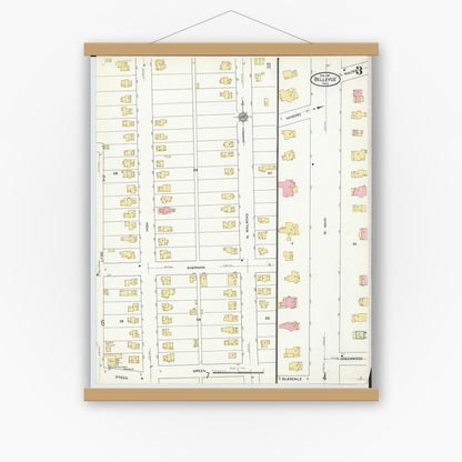 Old map wall art mockup — magnetic wood frame on white wall — Sanborn Fire Insurance Map from Bellevue, Huron And Sandusky County, Ohio (1911), Sheet #0003