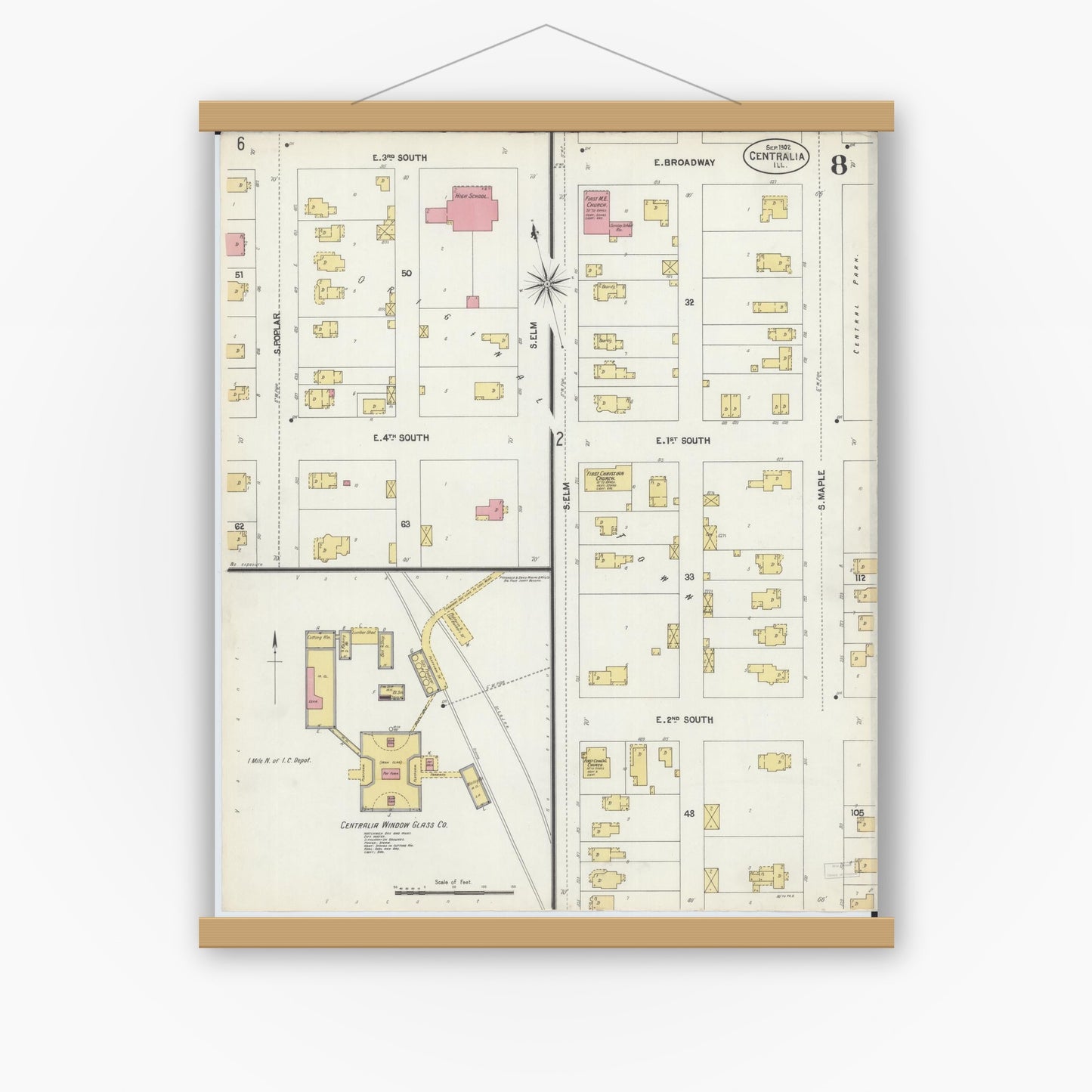 Old map wall art mockup — magnetic wood frame on white wall — Sanborn Fire Insurance Map from Centralia, Marion, Clinton, Jefferson, and Washington Counties, Illinois (1902), Sheet #0008