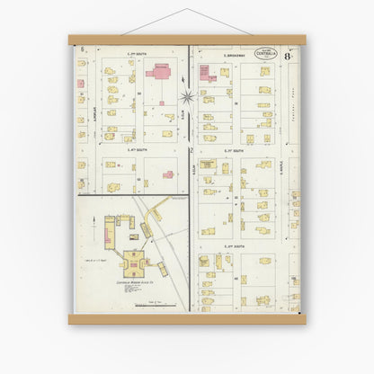 Old map wall art mockup — magnetic wood frame on white wall — Sanborn Fire Insurance Map from Centralia, Marion, Clinton, Jefferson, and Washington Counties, Illinois (1902), Sheet #0008