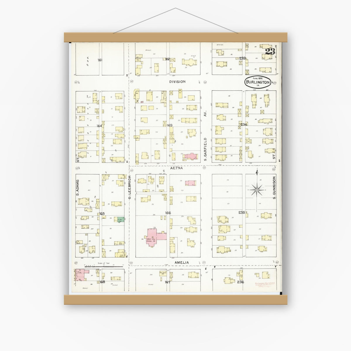 Old map wall art mockup — magnetic wood frame on white wall — Sanborn Fire Insurance Map from Burlington, Des Moines County, Iowa (1892), Sheet #0023