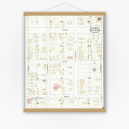 Old map wall art mockup — magnetic wood frame on white wall — Sanborn Fire Insurance Map from Burlington, Des Moines County, Iowa (1892), Sheet #0023