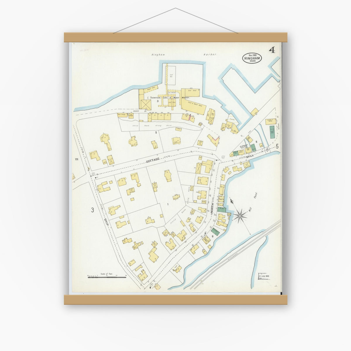 Old map wall art mockup — magnetic wood frame on white wall — Sanborn Fire Insurance Map from Hingham, Plymouth County, Massachusetts (1903), Sheet #0004