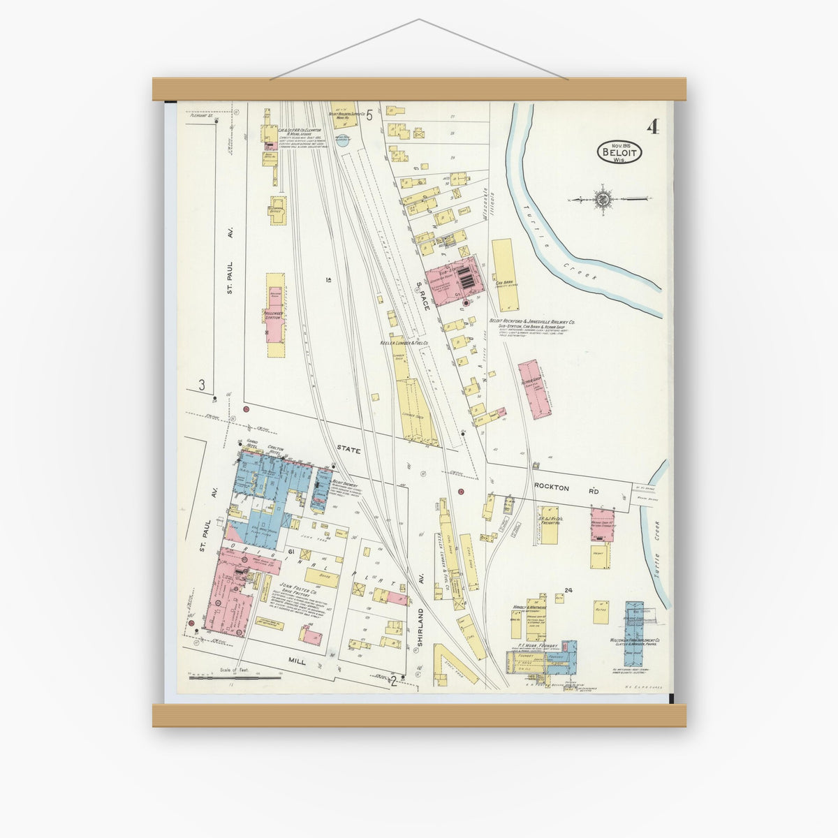 Old map wall art mockup — magnetic wood frame on white wall — Sanborn Fire Insurance Map from Beloit, Rock County, Wisconsin (1915), Sheet #0004