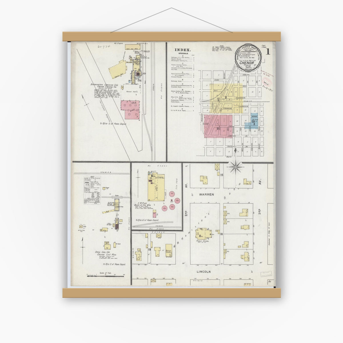 Old map wall art mockup — magnetic wood frame on white wall — Sanborn Fire Insurance Map from Chenoa, McLean County, Illinois (1894) - Complete Map Set
