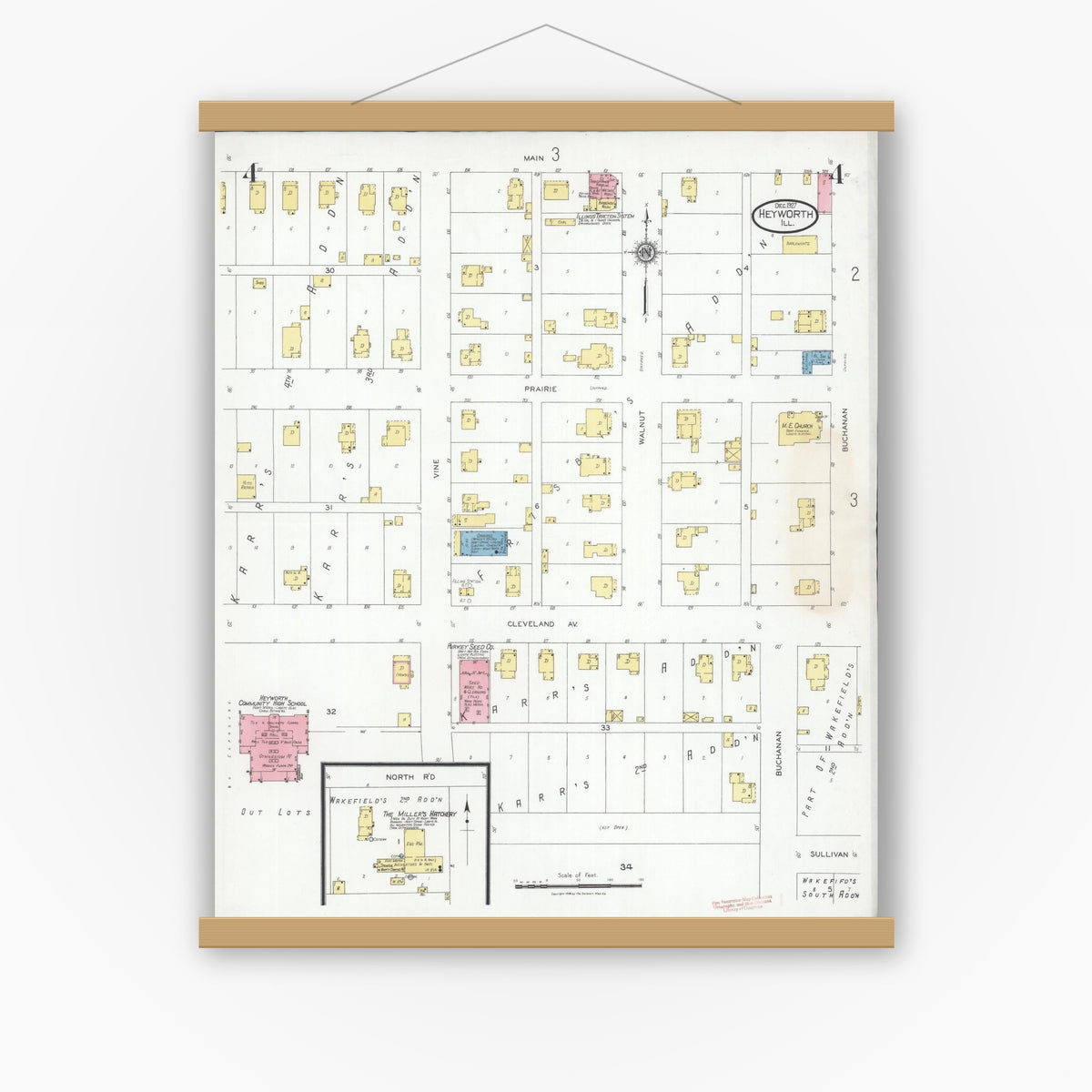Old map wall art mockup — magnetic wood frame on white wall — Sanborn Fire Insurance Map from Heyworth, McLean County, Illinois (1927), Sheet #0004