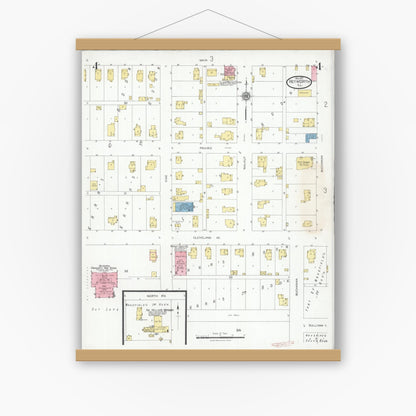 Old map wall art mockup — magnetic wood frame on white wall — Sanborn Fire Insurance Map from Heyworth, McLean County, Illinois (1927), Sheet #0004