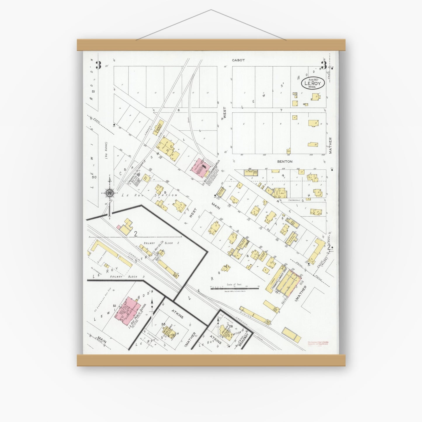 Old map wall art mockup — magnetic wood frame on white wall — Sanborn Fire Insurance Map from Le Roy, Mower County, Minnesota (1927), Sheet #0003