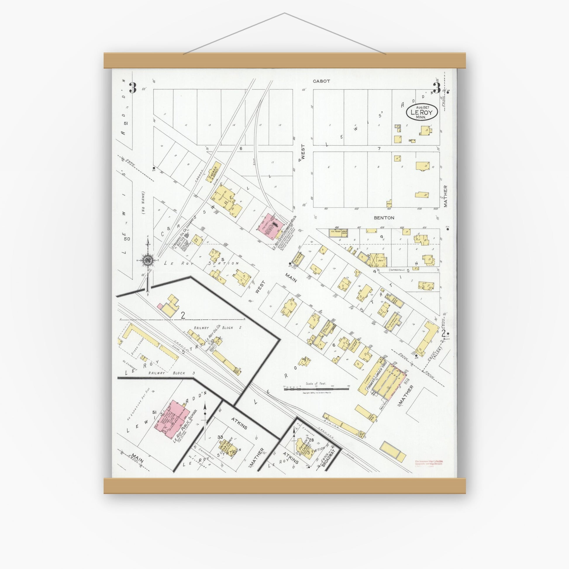 Old map wall art mockup — magnetic wood frame on white wall — Sanborn Fire Insurance Map from Le Roy, Mower County, Minnesota (1927), Sheet #0003