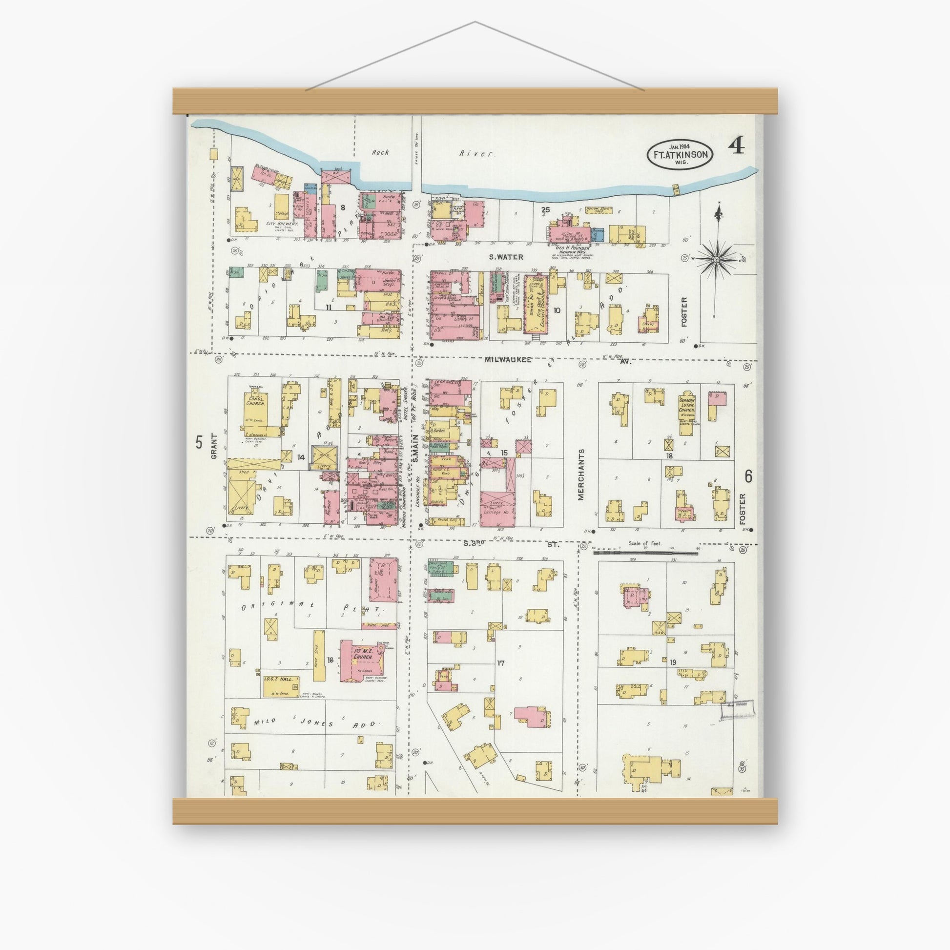 Old map wall art mockup — magnetic wood frame on white wall — Sanborn Fire Insurance Map from Fort Atkinson, Jefferson County, Wisconsin (1904), Sheet #0004