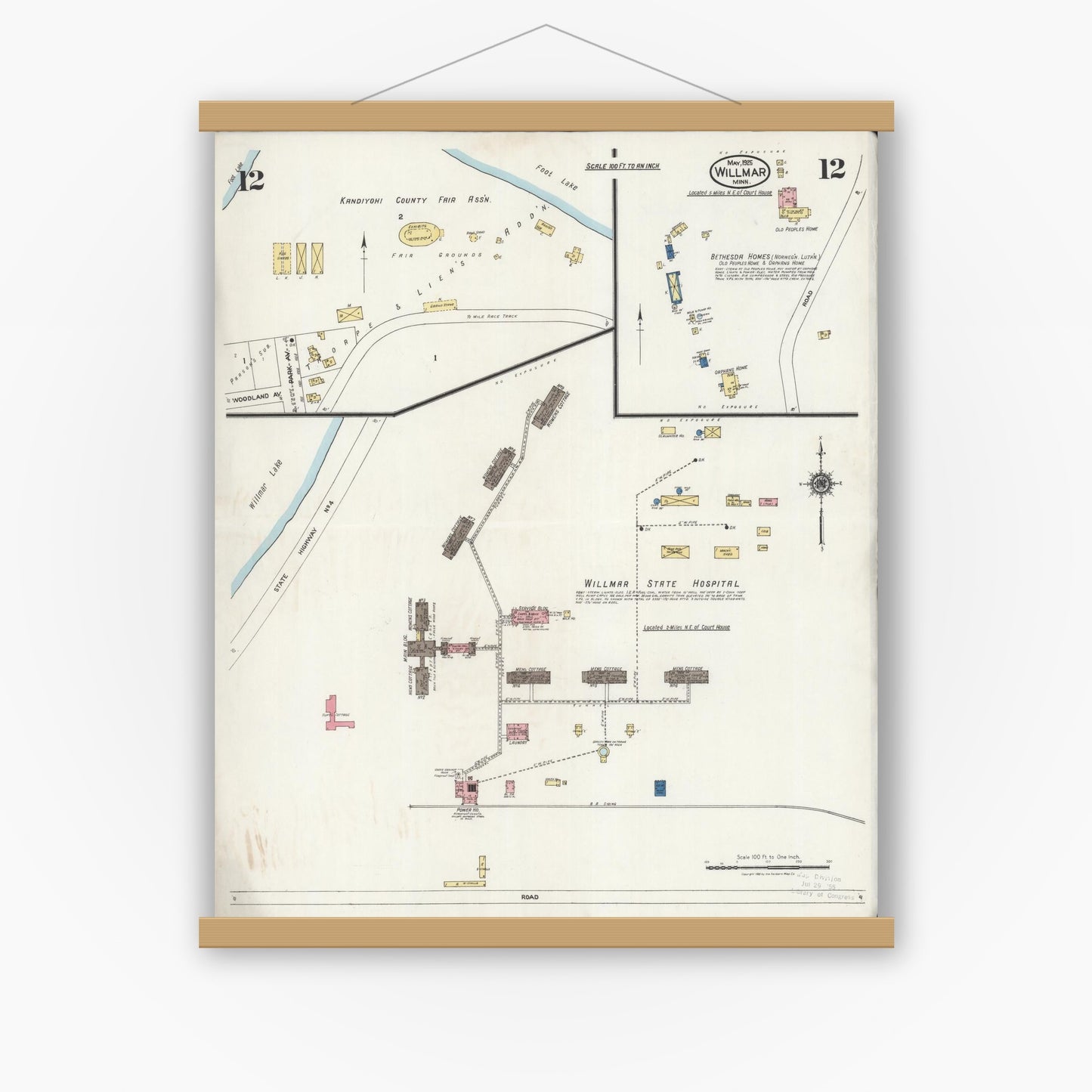 Old map wall art mockup — magnetic wood frame on white wall — Sanborn Fire Insurance Map from Willmar, Kandiyohi County, Minnesota (1925), Sheet #0012