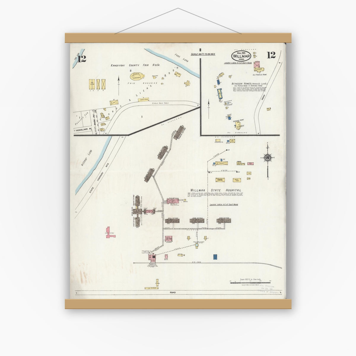 Old map wall art mockup — magnetic wood frame on white wall — Sanborn Fire Insurance Map from Willmar, Kandiyohi County, Minnesota (1925), Sheet #0012