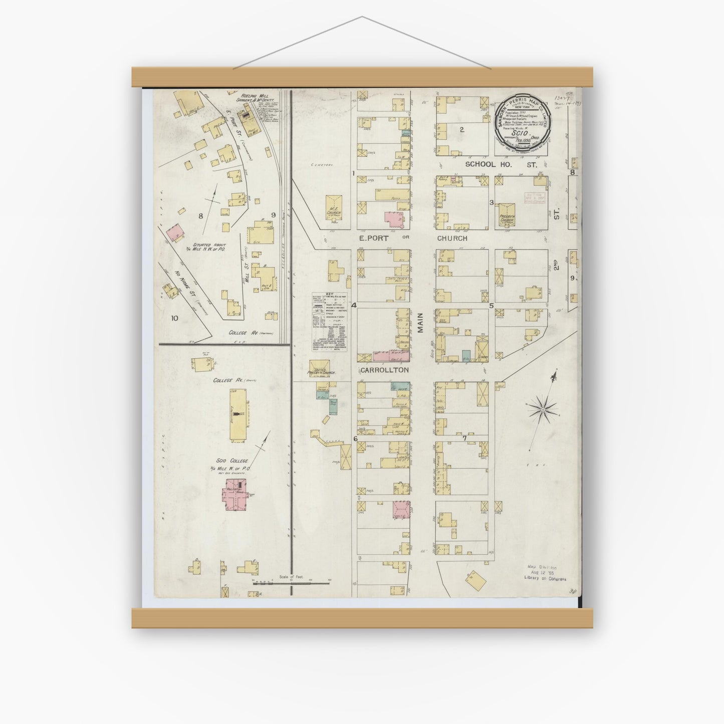 Old map wall art mockup — magnetic wood frame on white wall — Sanborn Fire Insurance Map from Scio, Harrison County, Ohio (1893), Sheet #0001