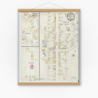 Old map wall art mockup — magnetic wood frame on white wall — Sanborn Fire Insurance Map from Scio, Harrison County, Ohio (1893), Sheet #0001