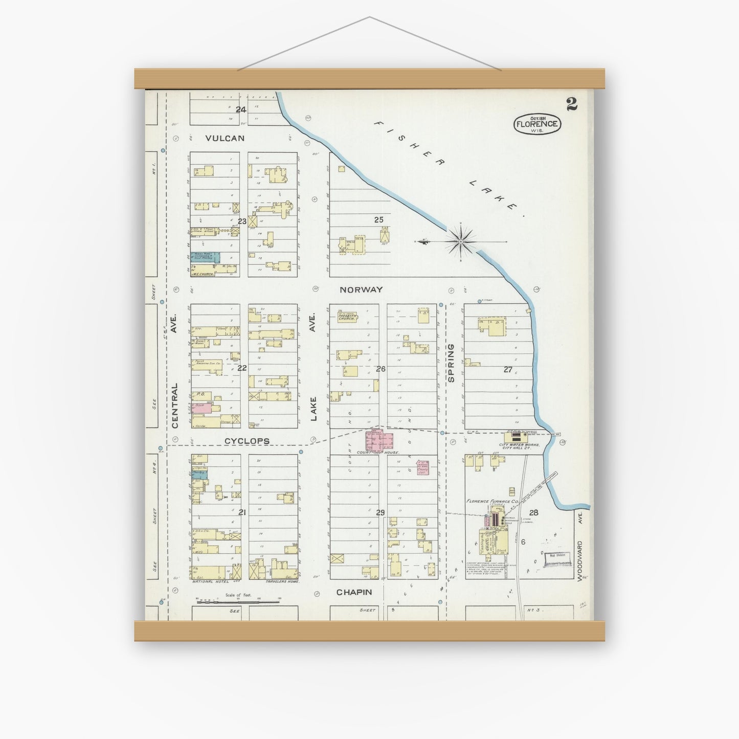 Old map wall art mockup — magnetic wood frame on white wall — Sanborn Fire Insurance Map from Florence, Florence County, Wisconsin (1891) - Complete Map Set