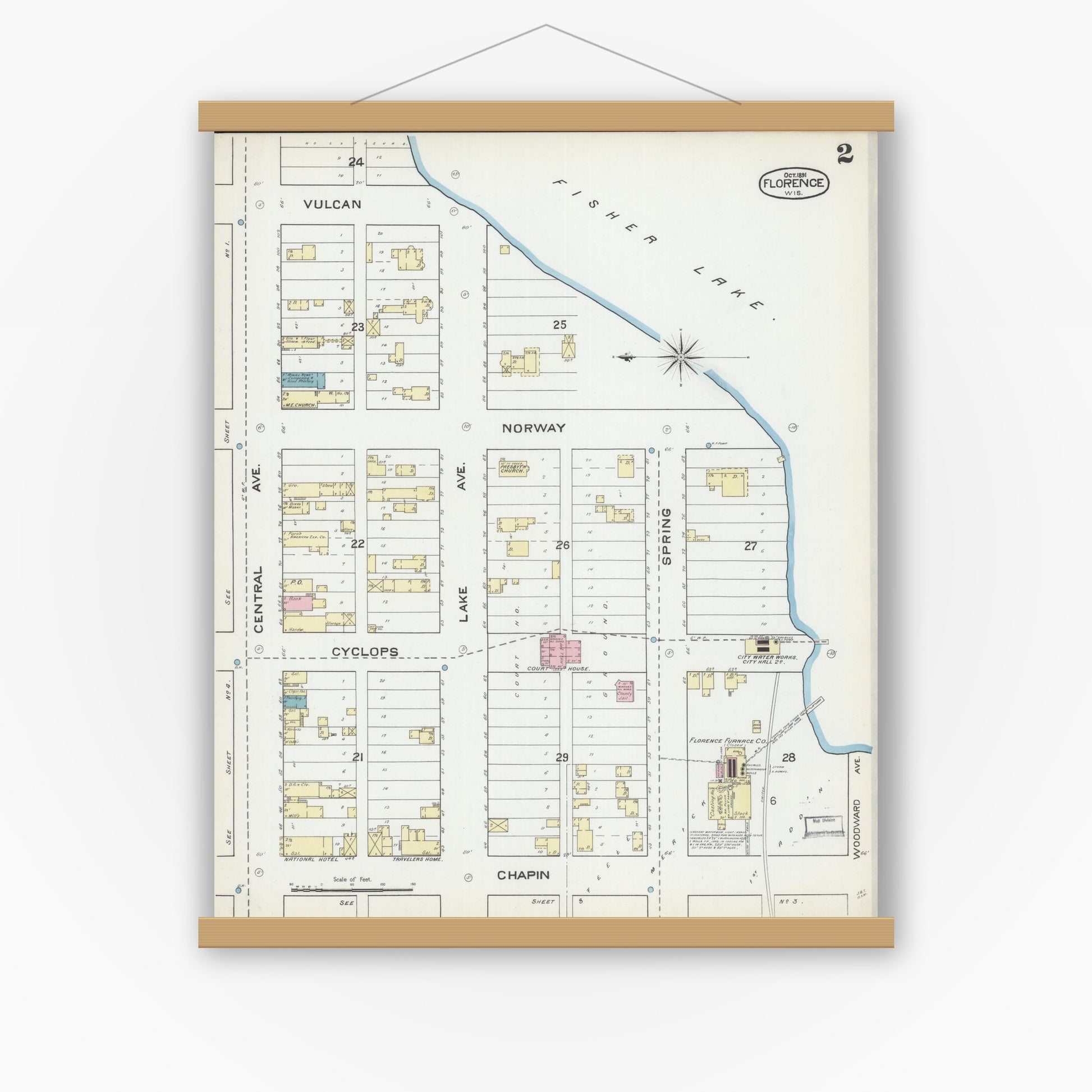 Old map wall art mockup — magnetic wood frame on white wall — Sanborn Fire Insurance Map from Florence, Florence County, Wisconsin (1891) - Complete Map Set