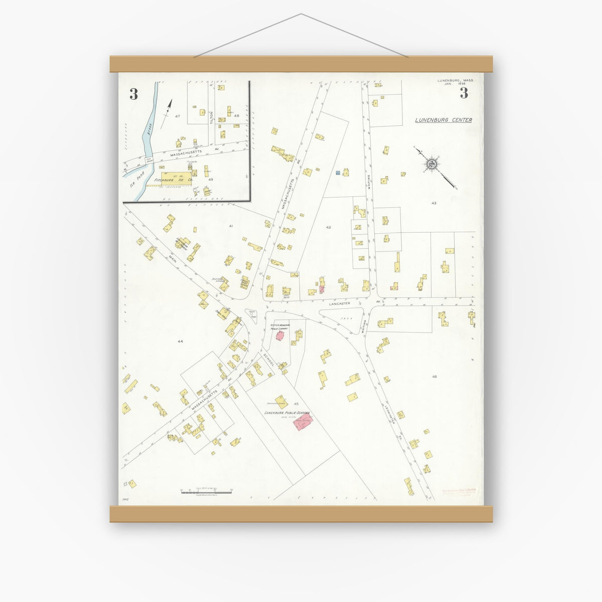 Old map wall art mockup — magnetic wood frame on white wall — Sanborn Fire Insurance Map from Lunenburg, Worcester County, Massachusetts (1936), Sheet #0003