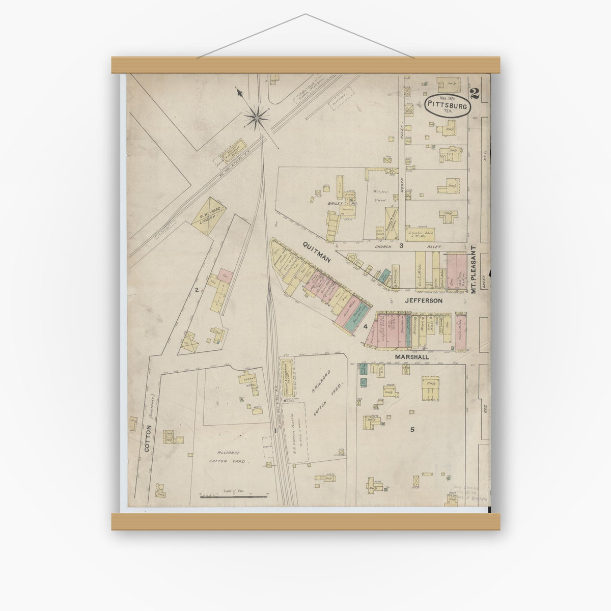 Old map wall art mockup — magnetic wood frame on white wall — Sanborn Fire Insurance Map from Pittsburg, Camp County, Texas (1891), Sheet #0002