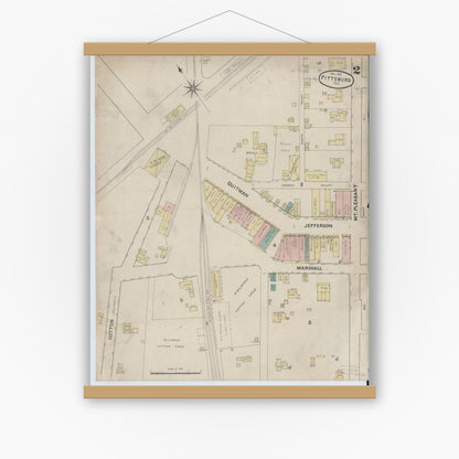 Old map wall art mockup — magnetic wood frame on white wall — Sanborn Fire Insurance Map from Pittsburg, Camp County, Texas (1891), Sheet #0002