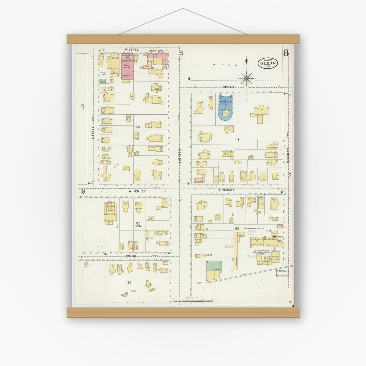 Old map wall art mockup — magnetic wood frame on white wall — Sanborn Fire Insurance Map from Olean, Cattaraugus County, New York (1898), Sheet #0008