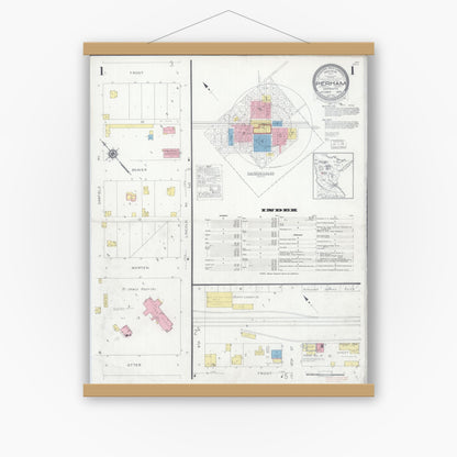 Old map wall art mockup — magnetic wood frame on white wall — Sanborn Fire Insurance Map from Perham, Otter Tail County, Minnesota (1929), Sheet #0001