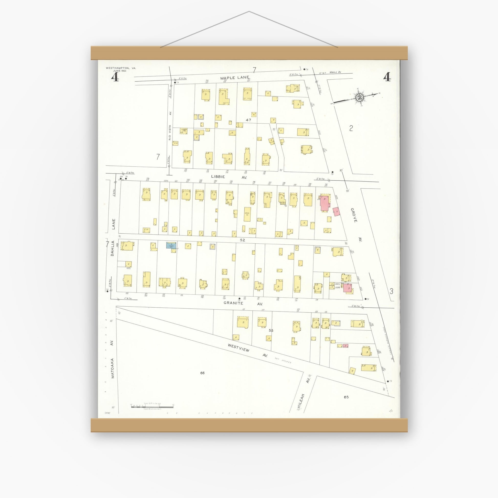 Old map wall art mockup — magnetic wood frame on white wall — Sanborn Fire Insurance Map from Westhampton, Henrico County, Virginia (1931), Sheet #0004