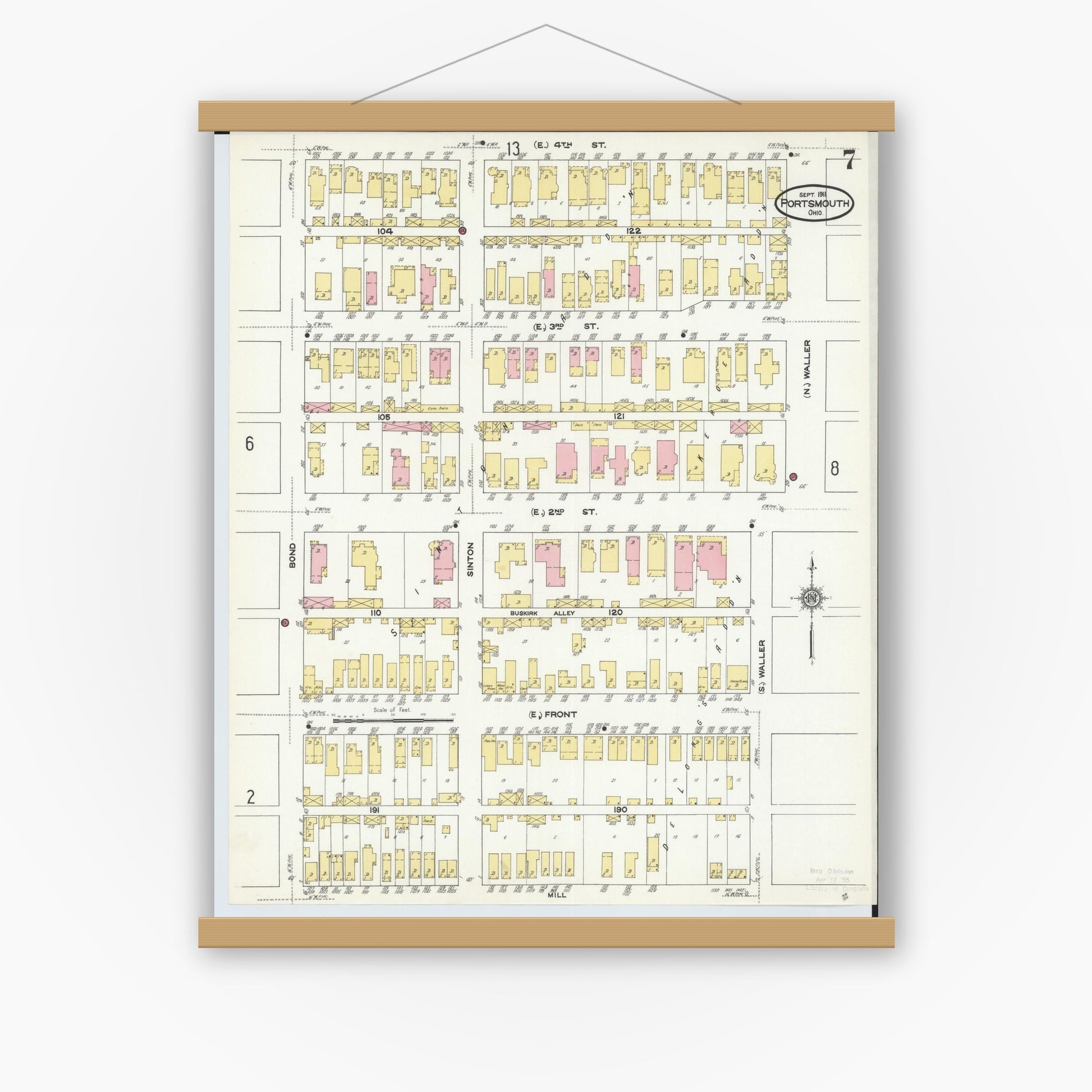 Old map wall art mockup — magnetic wood frame on white wall — Sanborn Fire Insurance Map from Portsmouth, Scioto County, Ohio (1911), Sheet #0007