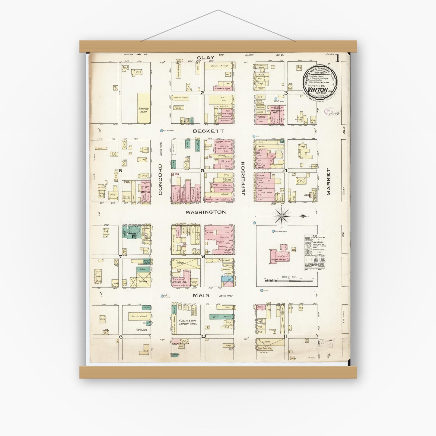 Old map wall art mockup — magnetic wood frame on white wall — Sanborn Fire Insurance Map from Vinton, Benton County, Iowa (1885), Sheet #0001