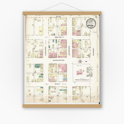 Old map wall art mockup — magnetic wood frame on white wall — Sanborn Fire Insurance Map from Vinton, Benton County, Iowa (1885), Sheet #0001