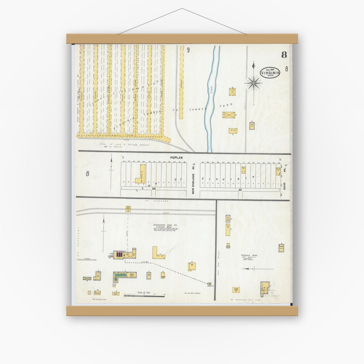 Old map wall art mockup — magnetic wood frame on white wall — Sanborn Fire Insurance Map from Virginia, Saint Louis County, Minnesota (1904), Sheet #0008