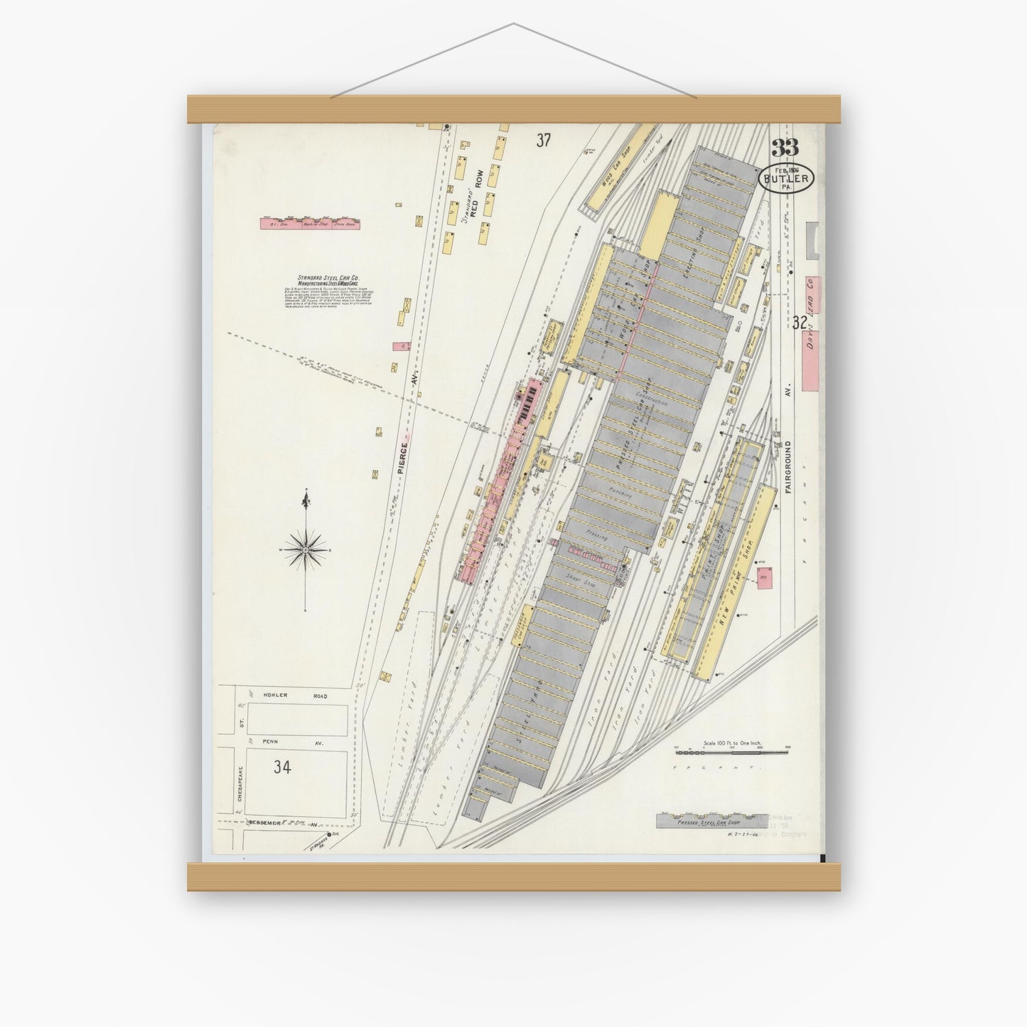 Old map wall art mockup — magnetic wood frame on white wall — Sanborn Fire Insurance Map from Butler, Butler County, Pennsylvania (1906), Sheet #0033