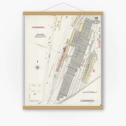 Old map wall art mockup — magnetic wood frame on white wall — Sanborn Fire Insurance Map from Butler, Butler County, Pennsylvania (1906), Sheet #0033