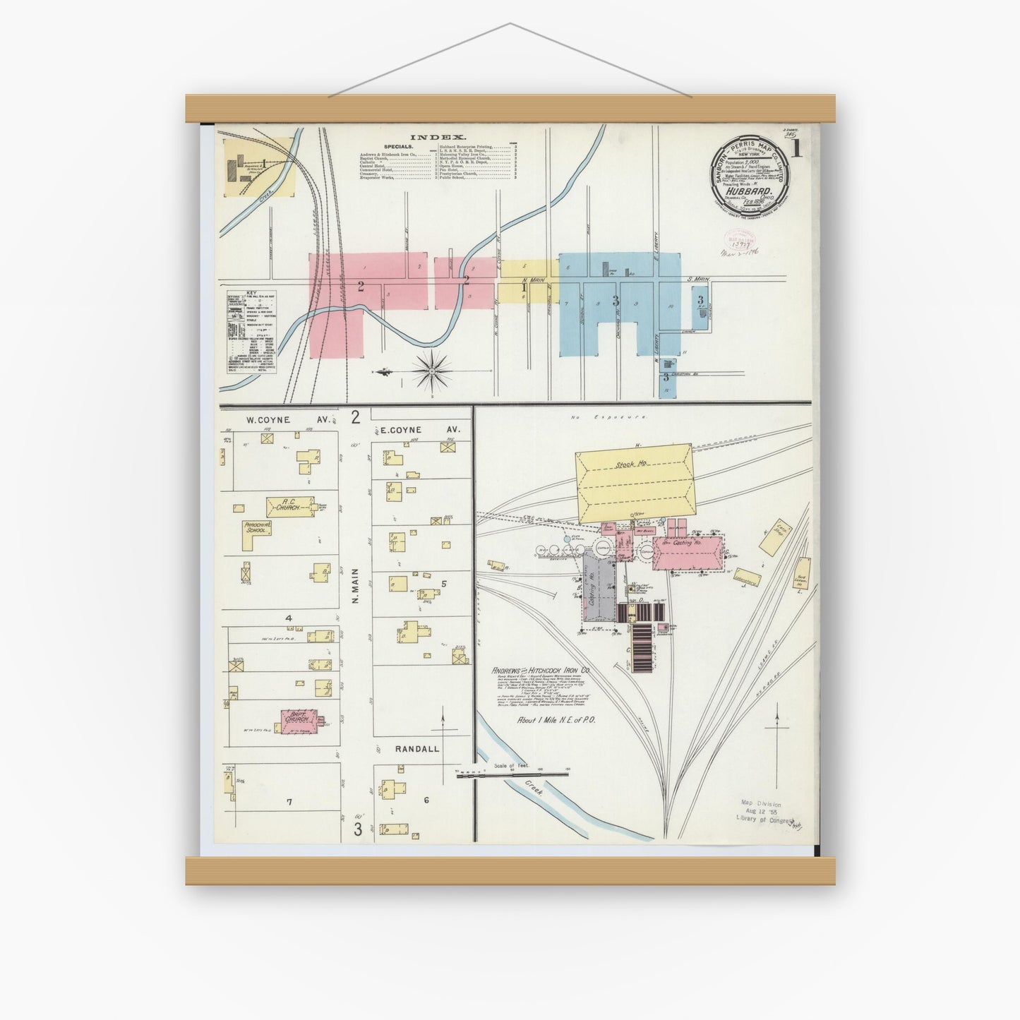 Old map wall art mockup — magnetic wood frame on white wall — Sanborn Fire Insurance Map from Hubbard, Trumbull County, Ohio (1896) - Complete Map Set