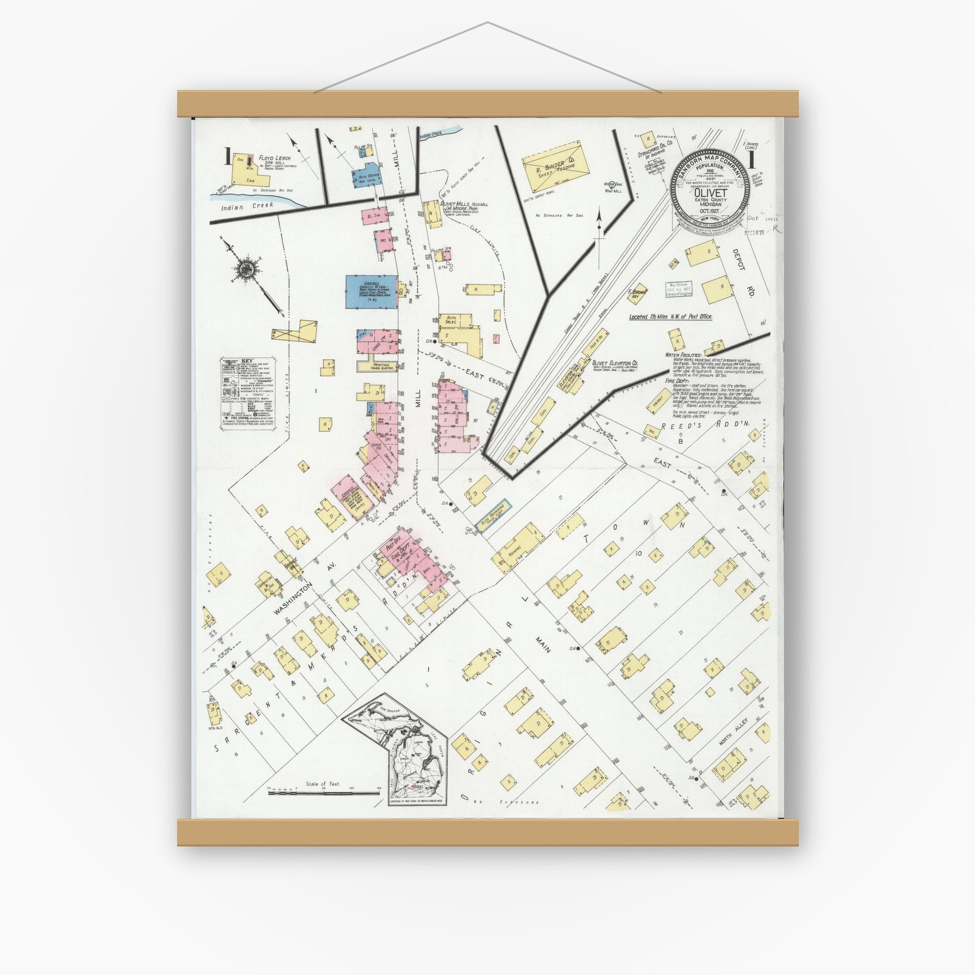 Old map wall art mockup — magnetic wood frame on white wall — Sanborn Fire Insurance Map from Olivet, Eaton County, Michigan (1927) - Complete Map Set