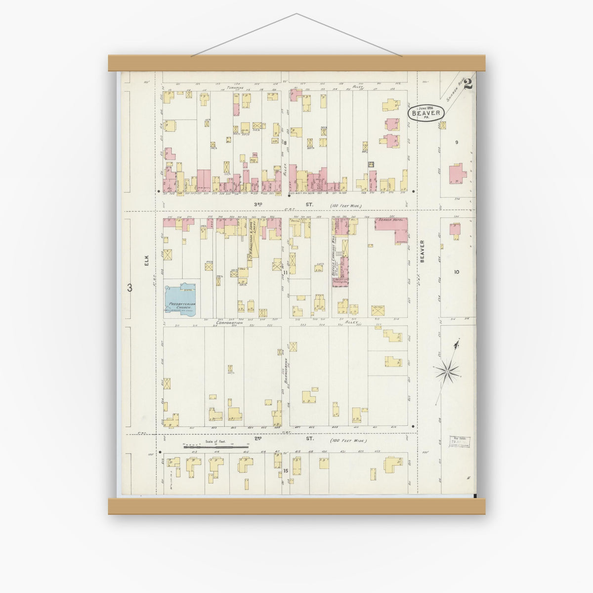 Old map wall art mockup — magnetic wood frame on white wall — Sanborn Fire Insurance Map from Beaver, Beaver County, Pennsylvania (1896), Sheet #0002