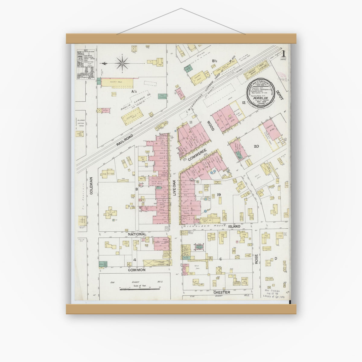 Old map wall art mockup — magnetic wood frame on white wall — Sanborn Fire Insurance Map from Marlin, Falls County, Texas (1889) - Complete Map Set