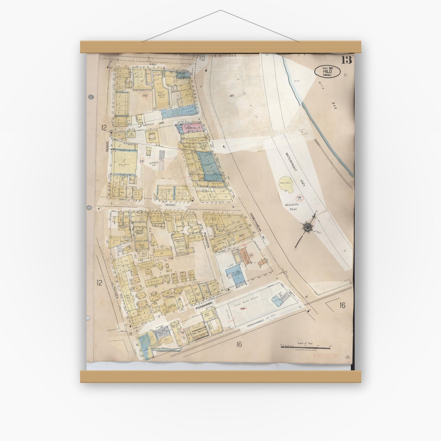 Old map wall art mockup — magnetic wood frame on white wall — Sanborn Fire Insurance Map from Hilo, Hawaii County, Hawaii (1957), Sheet #0013