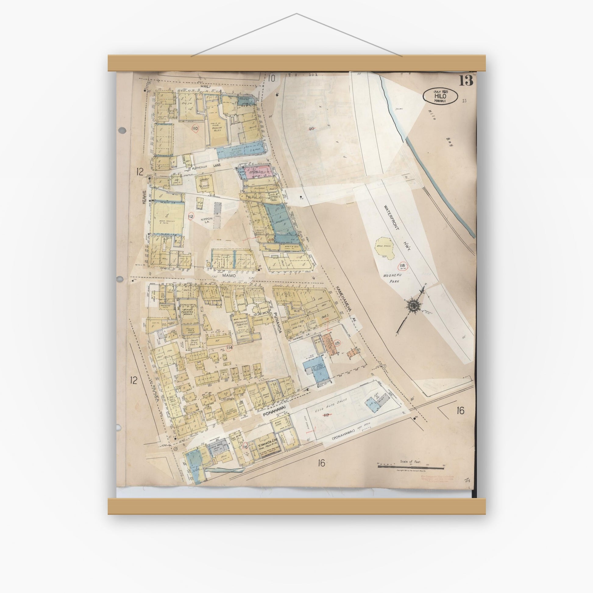Old map wall art mockup — magnetic wood frame on white wall — Sanborn Fire Insurance Map from Hilo, Hawaii County, Hawaii (1957), Sheet #0013