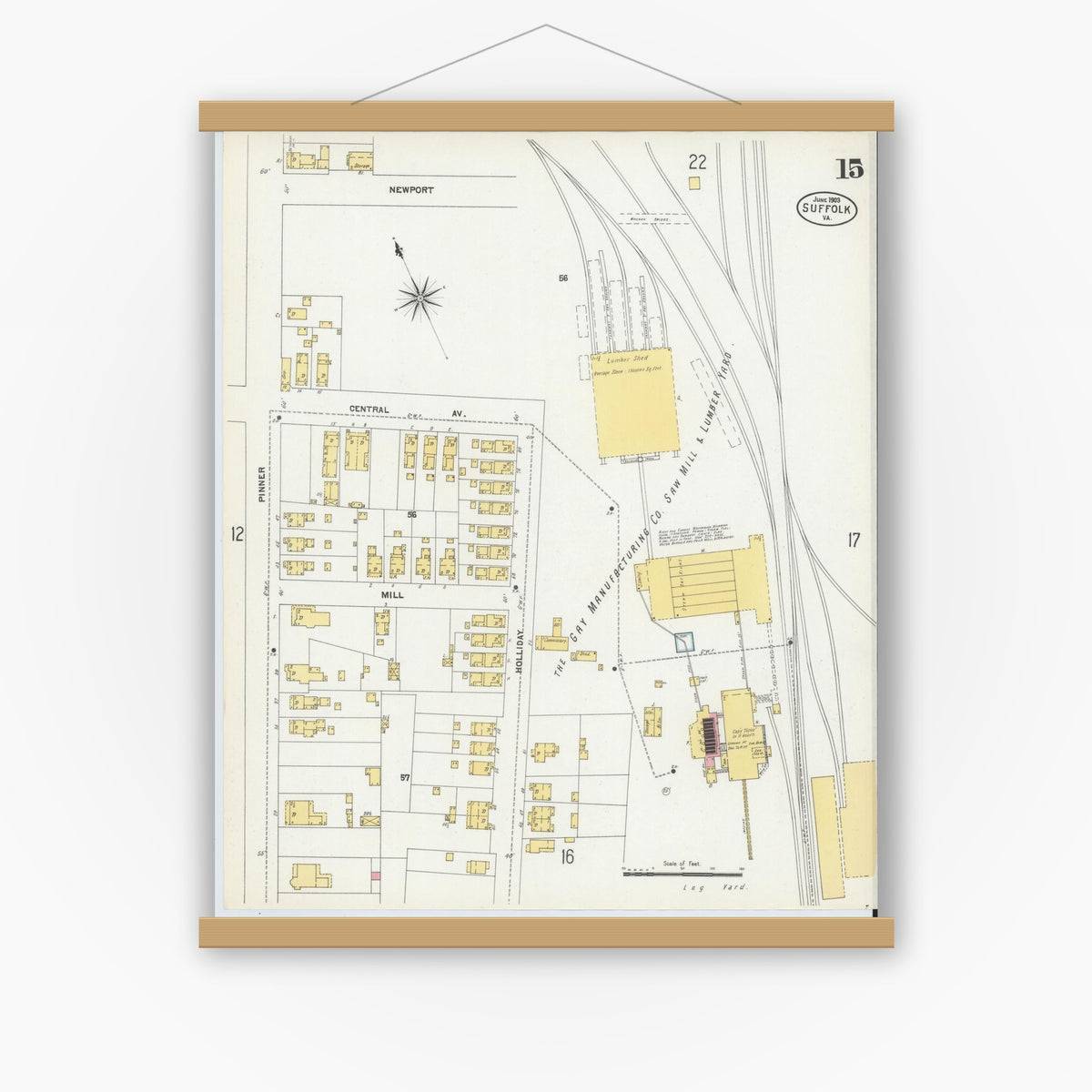 Old map wall art mockup — magnetic wood frame on white wall — Sanborn Fire Insurance Map from Suffolk, Independent Cities, Virginia (1903), Sheet #0015
